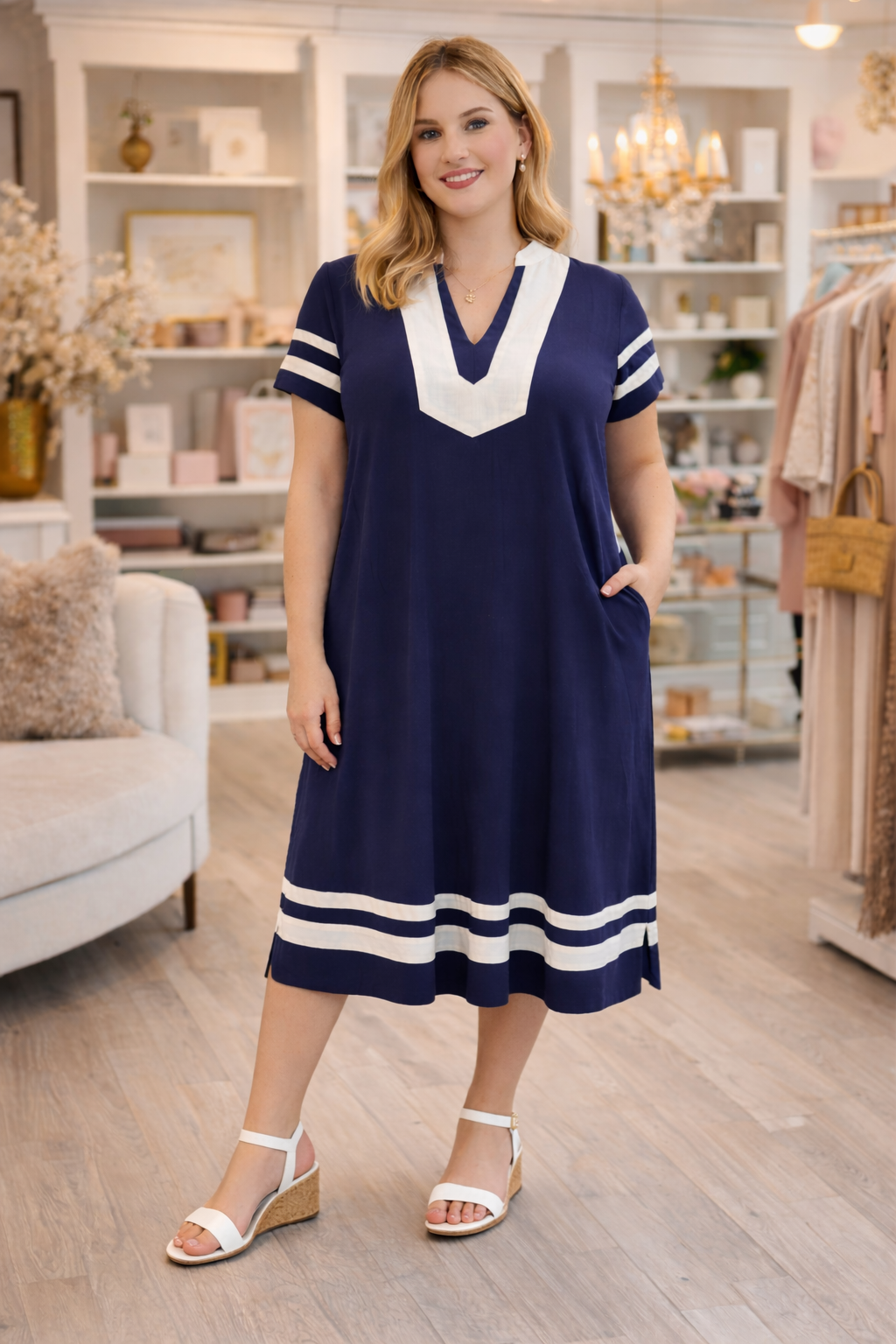 Blue V-Neck Midi Dress